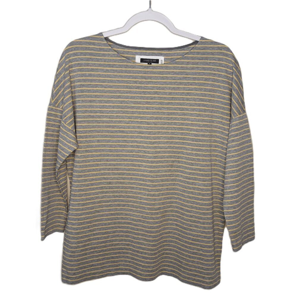 Striped Knit Top Crew Neck Gray Yellow 3/4 Sleeve XS Preppy